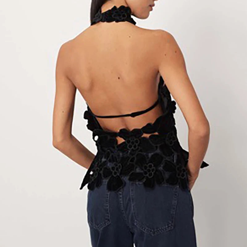 LIZAKOSHT  -  Fashionable and comfortable high street style top with hollow out design top sexy three-dimensional flower see through top