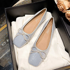 LIZAKOSHT  -  bling bling bowtie flat shoes woman square toe pink glitter ballet flats 35-43 big size shiny moccasins women bow loafers