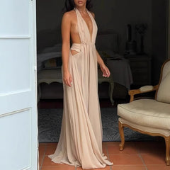 LIZAKOSHT  -  Elegant V Neck Mesh Backless Evening Dress Fashion Full Length Gala Party Dress Vestidos Luxury Women High Waist Evening Dress