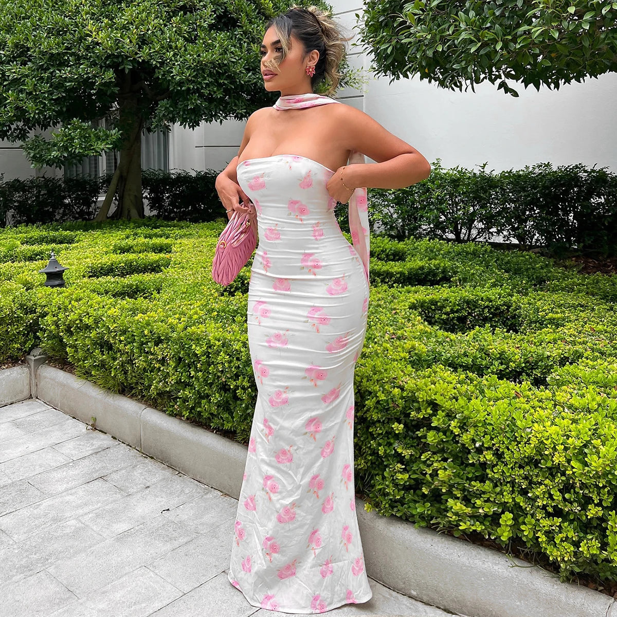 LIZAKOSHT  -  Elegant Floral Print Strapless Ribbon Sexy Bodycon Maxi Prom Dress Summer Women Clothes Birthday Party Festival