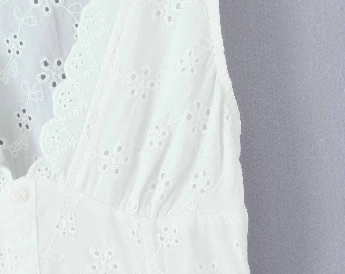 LIZAKOSHT  -  French Style Mini Dresse Hollow Out Women Summer White 100% Cotton V-neck Sexy Party Vocation Casual Ladies Dress Vestidos New