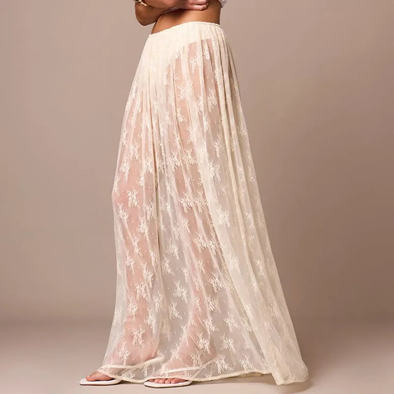 LIZAKOSHT  -  Coquette Grunge Sheer Lace Maxi Skirt Built-in Thongs Design Low Elastic Waist Flowy Skirt Elegant Lady Grunge See-Through Skirt