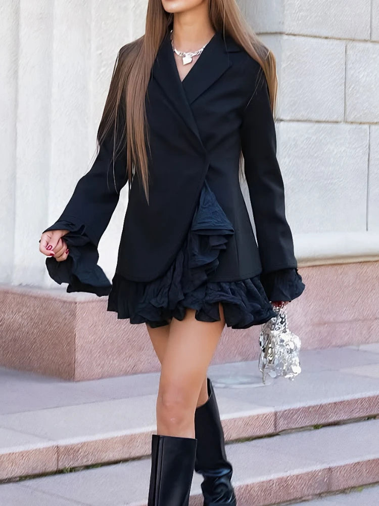 LIZAKOSHT  -  Commuting Flounced Edge Suit Mini Dress For Women Slim Butterfly Sleeve Solid High-Waist Office Lady Dress Ladies Clothes