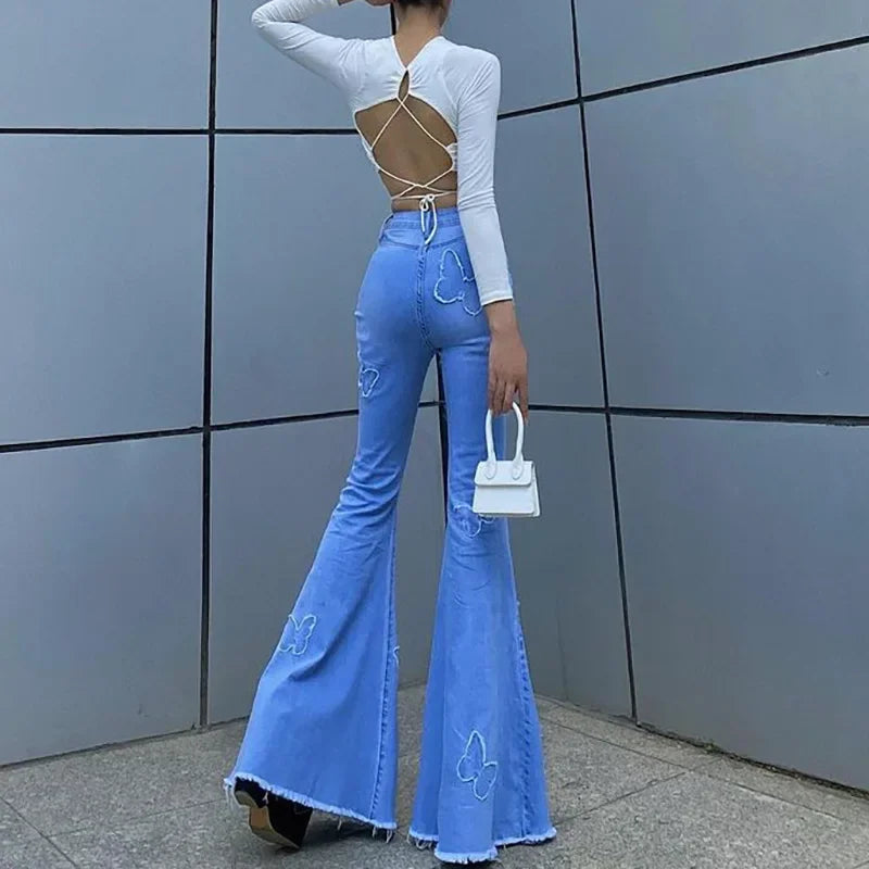 LIZAKOSHT  -  Solid Color Butterfly Print High Waist Bag Hip Casual Denim Flared Trousers 2024 Autumn Fashion Street Style Women's Trousers