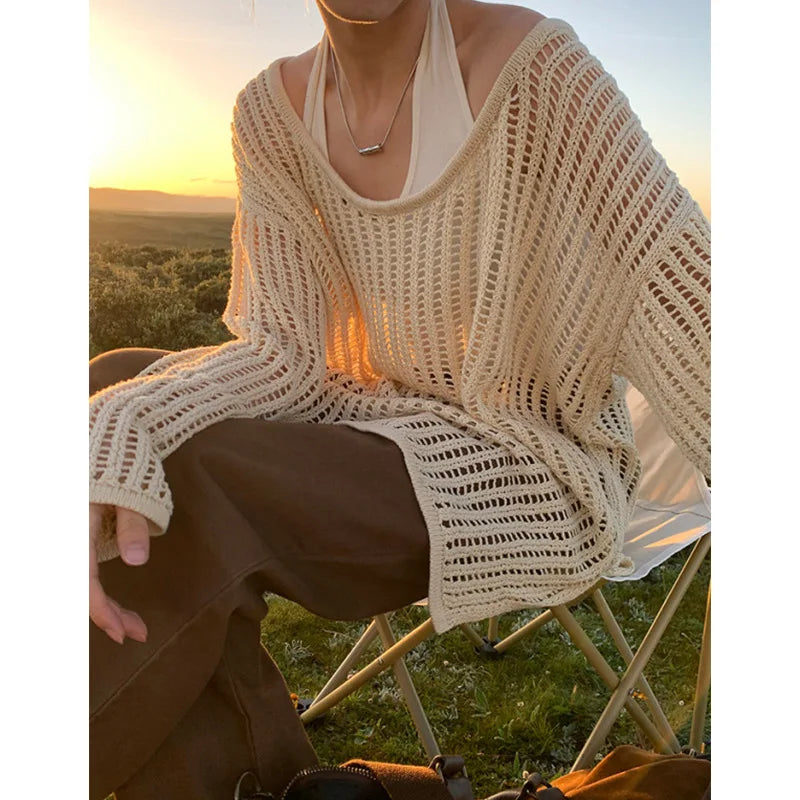 LIZAKOSHT  -  Outer Cover for Women 2024 Spring Summer Thin Long Lazy Air Conditioning Sweater Premium Top Long Sleeve Hollow Knitted Sweater