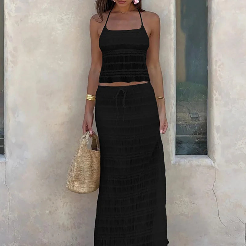 LIZAKOSHT  -  Ladies Sexy Backless Halter Blouse&Drawstring Skirts Set 2025 Solid Color Two Piece Chiffon Outfit 2025 Women Slim Vacation Suit