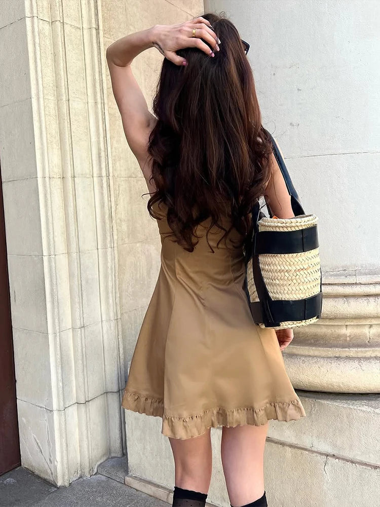 LIZAKOSHT  -  Y2K Sweet Style Dress Women V-Neck Skinny Backless Sleeveless Solid Ruffles Daily Street Fashion Elegant Mini Bodycon