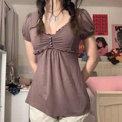 LIZAKOSHT  -  90s Vintage Brown Frill T-shirt Y2K Aesthetic Fairycore Grunge Button V Neck Puff Sleeve Pullovers Tees Retro Tops Women Clothes