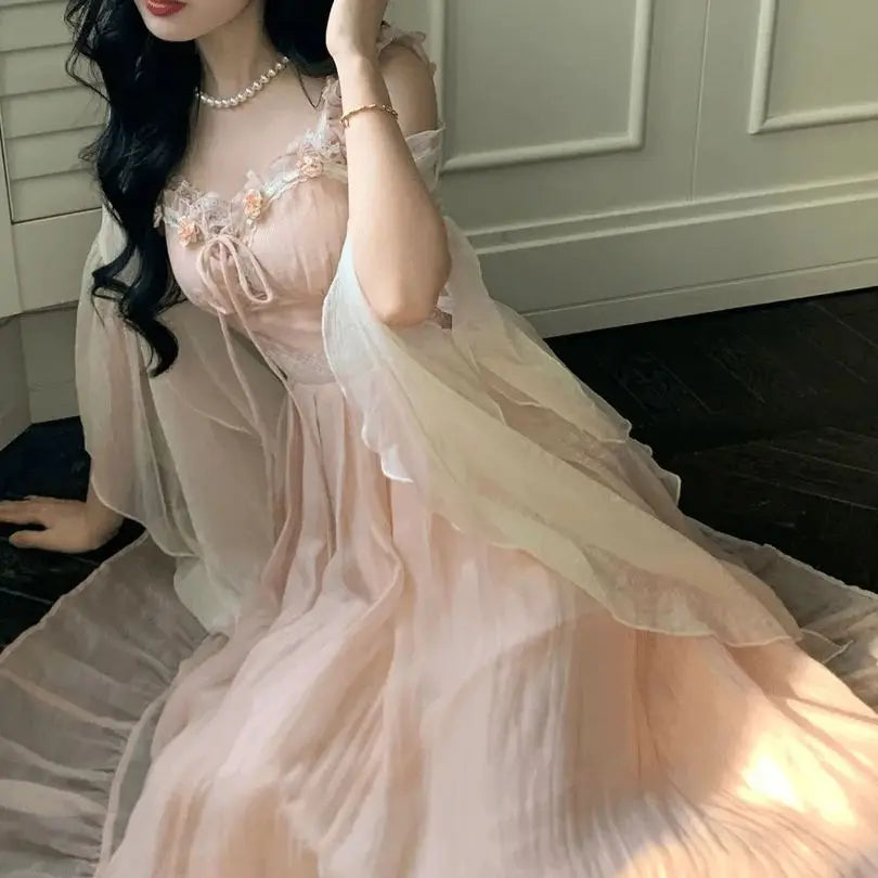 LIZAKOSHT  -  Sling Dress Lace Flowers Lace Chiffon Rose Powder Temperament Sweet Beauty Romantic Fairy Long Skirt Large Size 2024 Summer