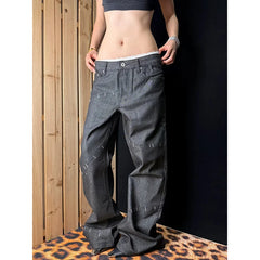 LIZAKOSHT  -  American Style Raw Denim Women's Workwear Patchwork Jeans Fashion Clean Fit Slightly Flared Straight Leg Denim Pants