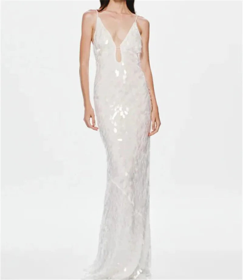 LIZAKOSHT  -  Glitter Sequins Spaghetti Straps Women's Long Maxi Dress Sleeveless Backless High Waist Sexy Evening Birthday Party Gown