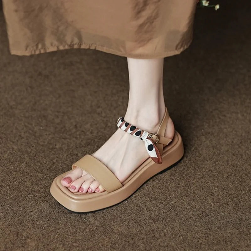 LIZAKOSHT  -  Footwear Wedge Platform Waterproof Summer One Word Sandals for Women Beige Ladies Shoes Office Work with Medium Heels Sale
