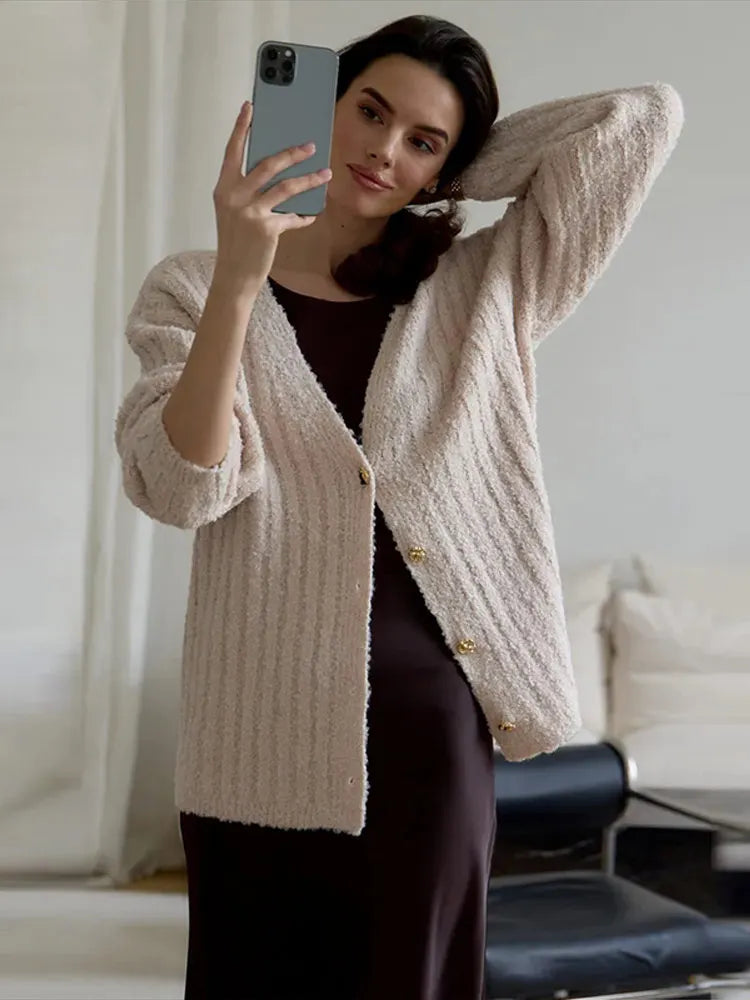 LIZAKOSHT  -  Furry Knitted Sweater Women Single Breasted Casual Solid V-neck Long Sleeve Loose Cardigans Autumn Soft Lady Tops Sweaters