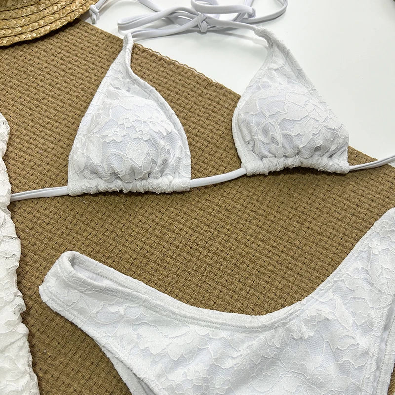 LIZAKOSHT  -  3 Pieces Micro Bikini Set Bikini Female Swimwear Halter Neck Bikini Bathing Suit Beachwear Women White Full Embroidery Pants
