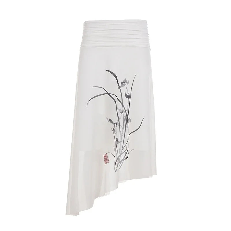 LIZAKOSHT  -  New Chinese Style Vintage Elegant Summer Mesh Skirts Y2k Temperament Flower Print Lrregular Design Women Jupe Pleated Lazy Skirt