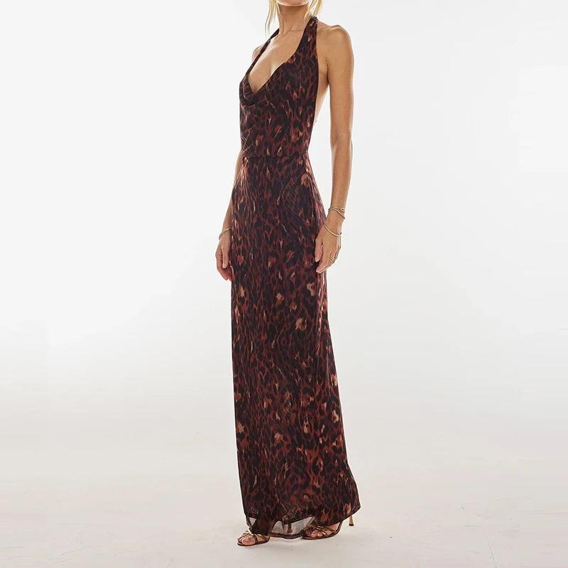 LIZAKOSHT  -  Fashion Hight Waist Lace-Up Wrap Hip Dress Sexy Halter Sleeveless Bohe Party Dress Women's Elegant Pattern Print Slim Long Dress