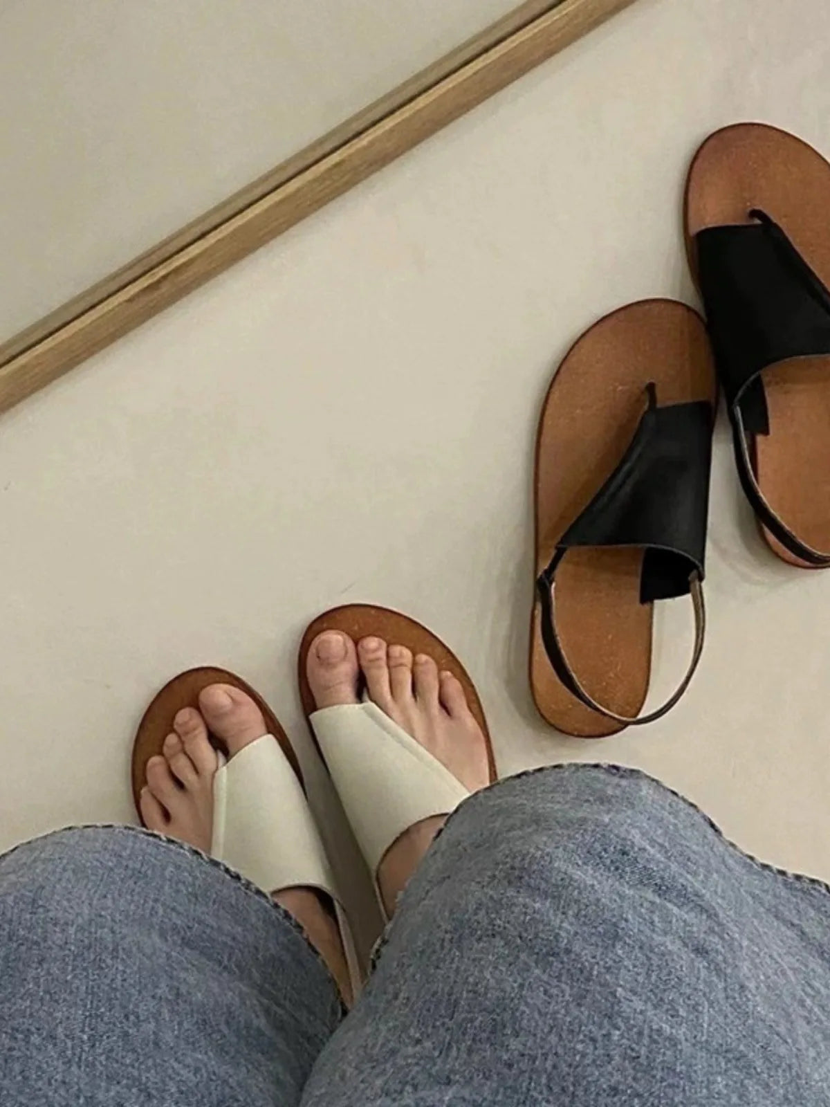 LIZAKOSHT  -  French Genuine Leather Simple Flat Bottom Toe-Over-Rromano Sandals Women Summer New Beach Casual Foot-Mouth Slippers Outdoor Wea