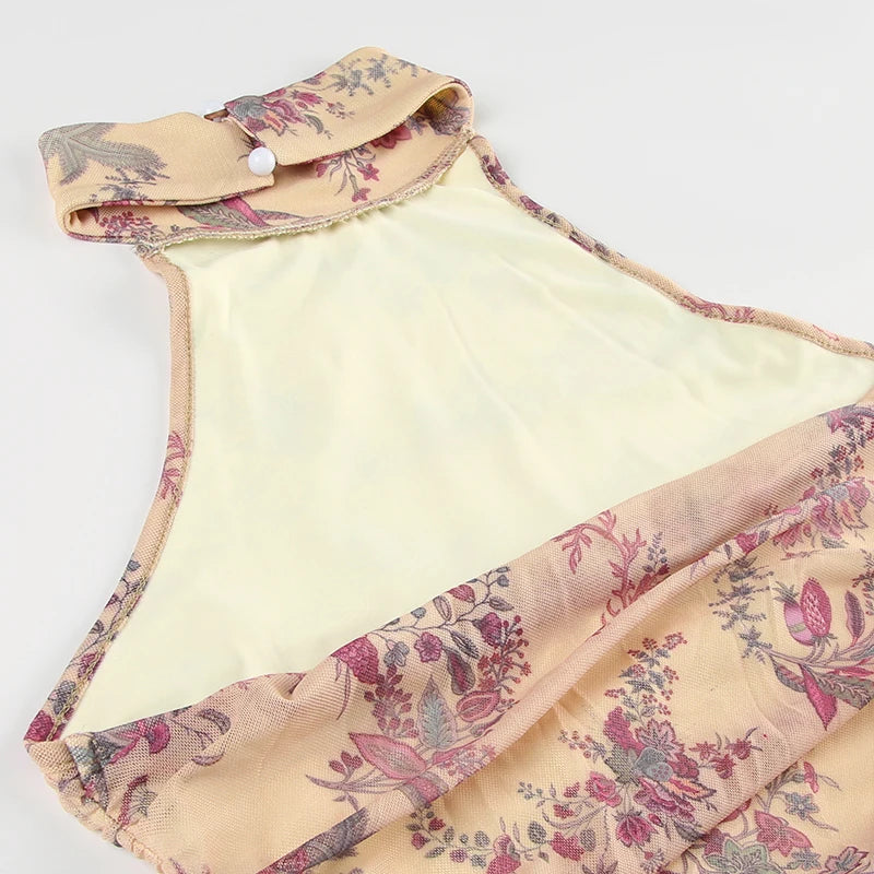 LIZAKOSHT  -  Mesh Floral Print Ruched Backless Halter Crop Top Boho Casual Sleeveless Camis Holiday Vacation Women Summer Y2K Tanks