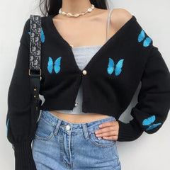 LIZAKOSHT -  Women New Y2k Butterfly Embroidery Cardigans Lantern Sleeve V Neck Sweater Coat Knitted Single Breasted Autumn Tops E Girl