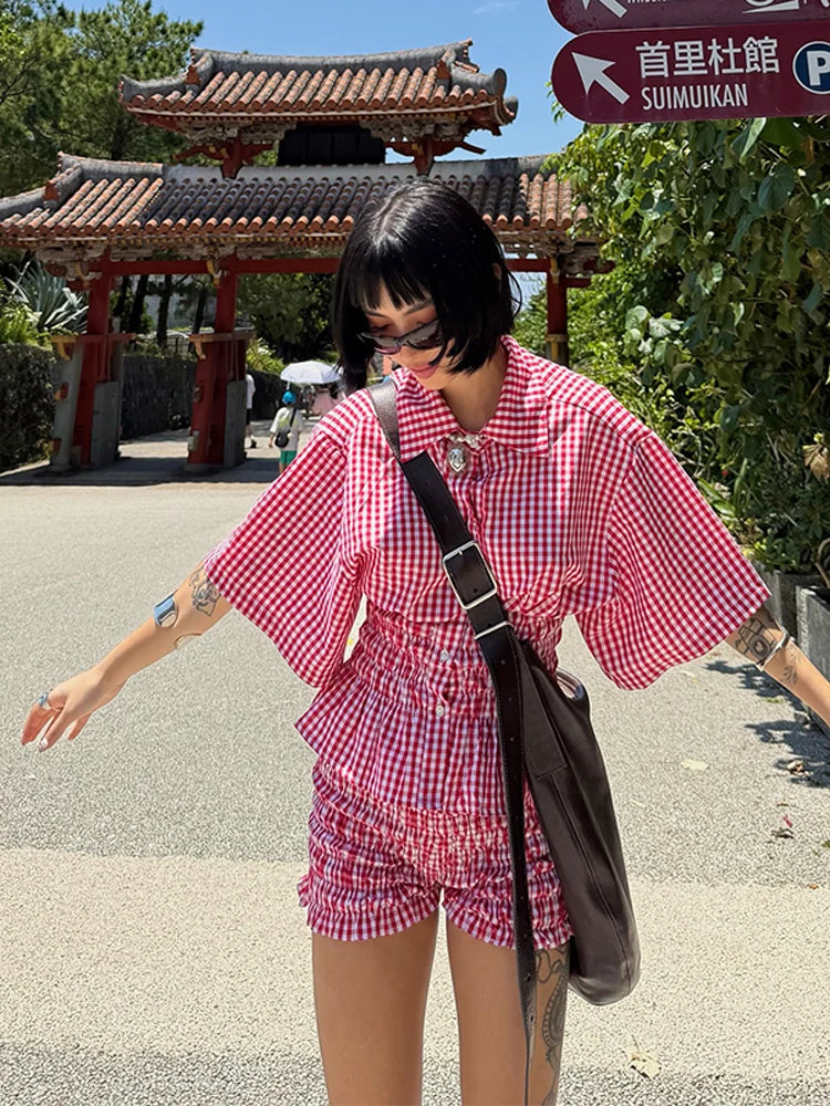 LIZAKOSHT  -  Women Two-Piece Set Of Plaid Short Sleeve Shirt Top Shorts Lapel Pleated Waist Cinched Shirts Blouse Checkered Beach Shorts Suit