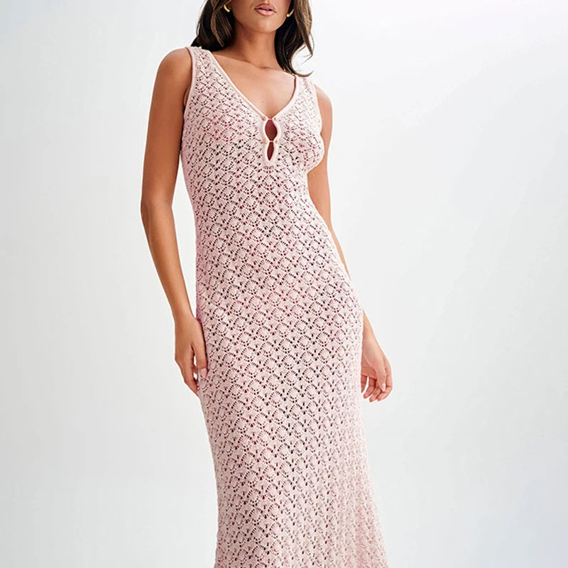 LIZAKOSHT  -  Solid Color Hollow Knitted Beach Vacation Dress Elegant Sleeveless Skinny Cover-up Dress Women Sexy Perspective Swimwear Dress
