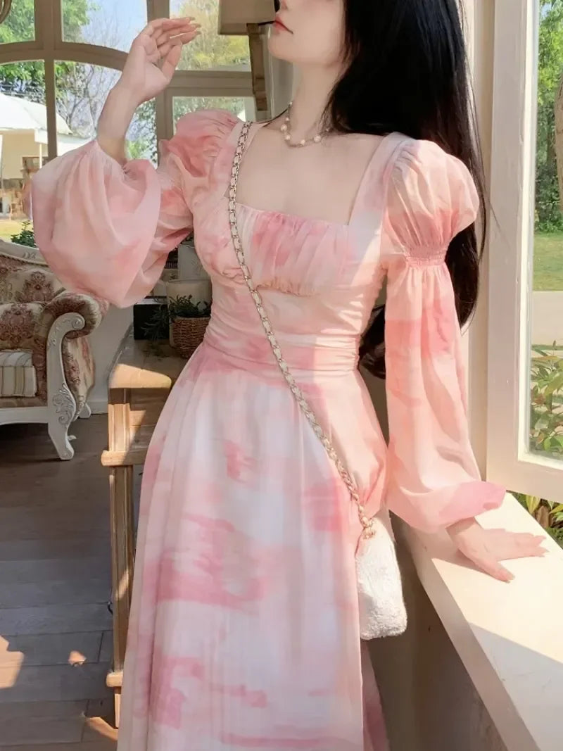 LIZAKOSHT  -  French Vintage Long Sleeve Floral Midi Dress Summer Elegant Party Pink Dress Woman Casual Fashion Chic Beach Chiffon Dress