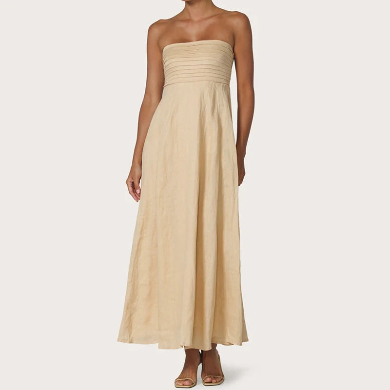 LIZAKOSHT  -  Women Tube Maxi Dress Ruched Strapless Bodice A Line Long Dress Elegant Lady Sleeveless Flowy Summer Sundress