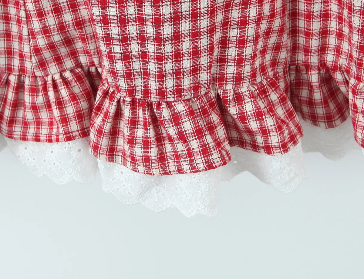 LIZAKOSHT  -  Sexy Red White Plaid Spliced Lace Lacing Up Bow Halter V Collar Mini Dress Women Ruffles Hem A-line Short Dresses Robe Vestidos