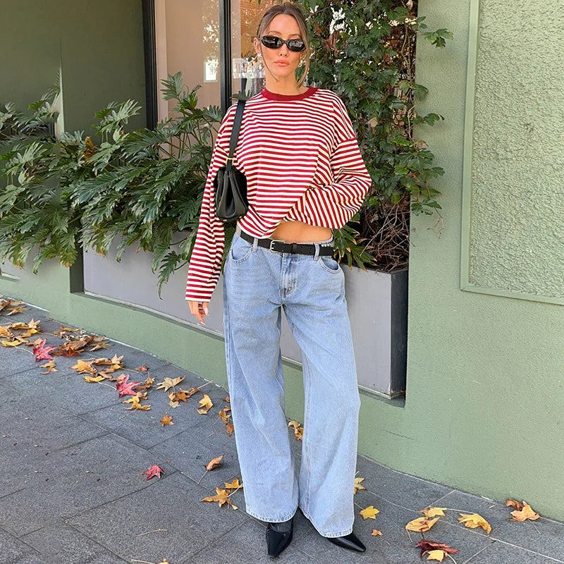 LIZAKOSHT  -  Casual Striped T-shirts for Women 2025 Autumn O-neck Long Sleeve Loose Tops Tees Female Contrast Color T Shirt Streetwear