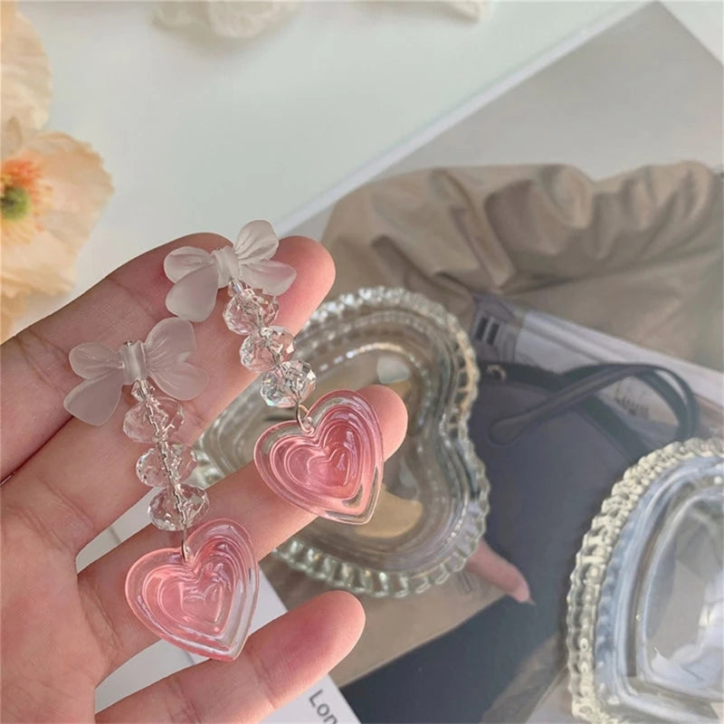 LIZAKOSHT  -  Pink Heart Pendant Earrings Sweet Temperament Bowknot Earrings Long Crystal Earrings Statement Jewelry