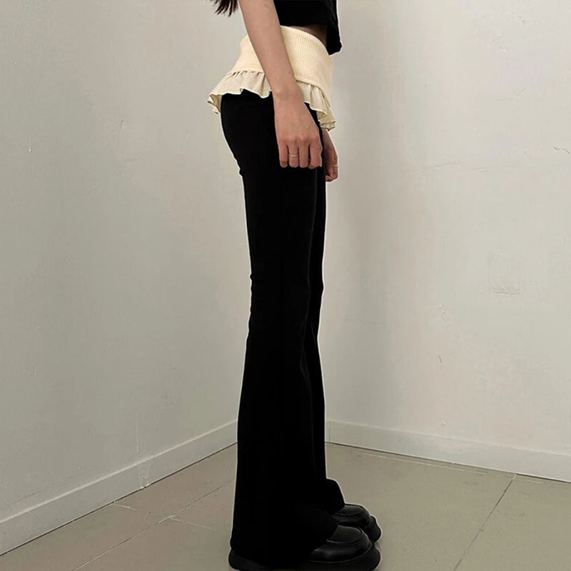 LIZAKOSHT  -  Y2K Cute Casual Skinny Ruffles Pleated Design High Waisted Knitting Flare Pants Contrasting Color Bottoms Hottie Streetwear
