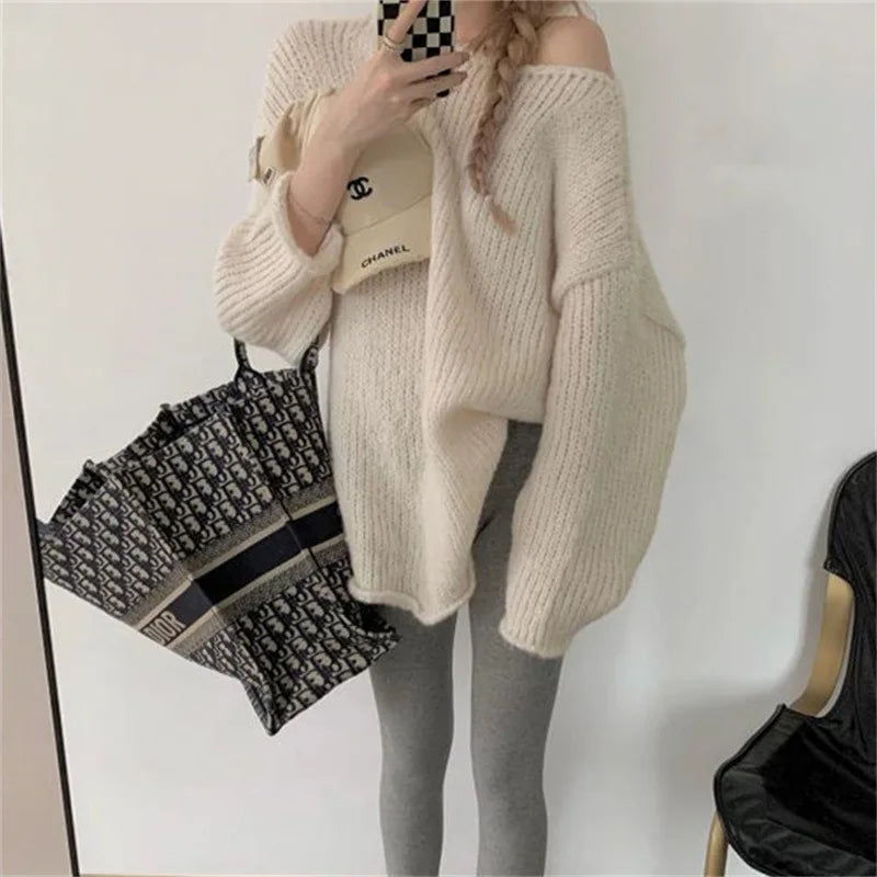 LIZAKOSHT  -  Fall Winter New French Lazy Style Rolled Edge Thick Needle Pullover Sweater Design Loose Knit Sweater Tops Female Jumpers