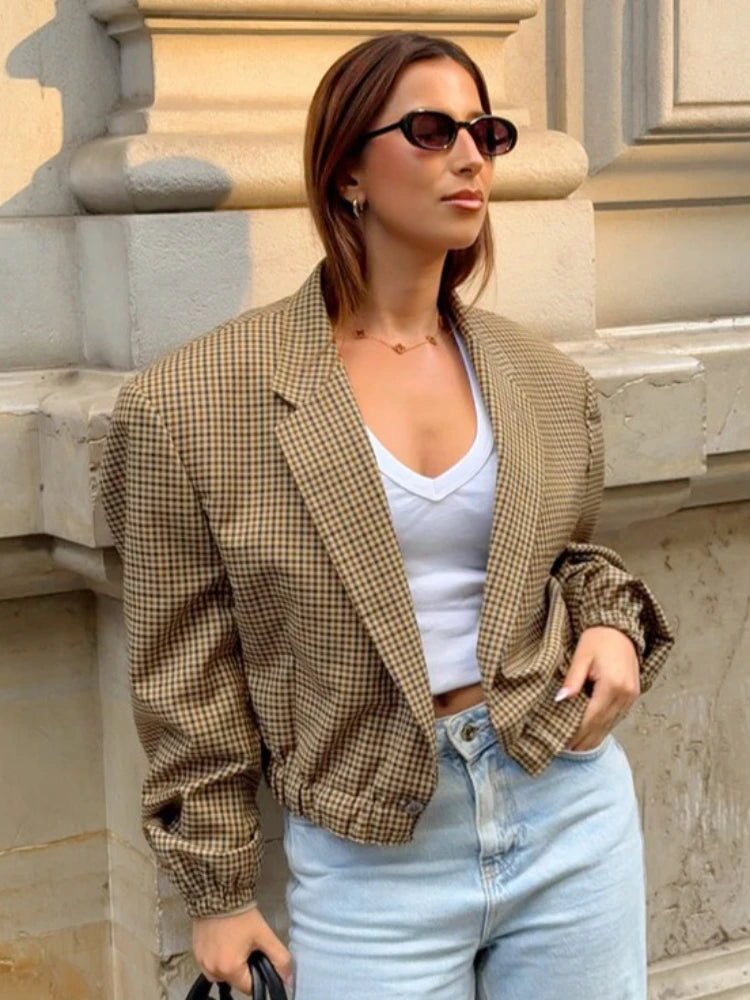 LIZAKOSHT  -  Vintage Plaid Suit Women 2025 Autumn Long Sleeve Single Button Short Blazers Office Lady Loose Cropped Top Outerwears