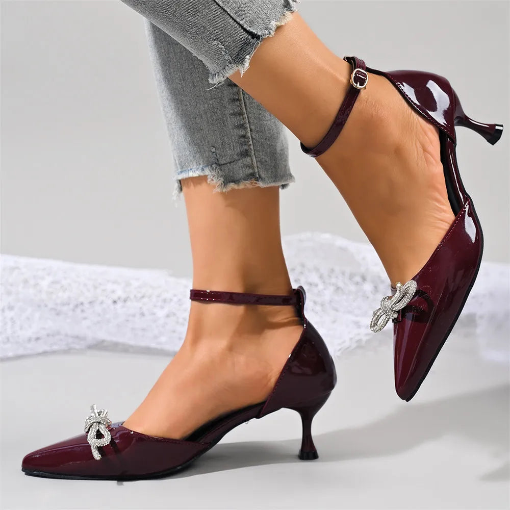 LIZAKOSHT  -  Big Size 43 Elegant Burgundy Pointy Toe Two-Piece Pumps Summer Bow-knot 6cm Kitten Heels Black Office Lady Shoes Women