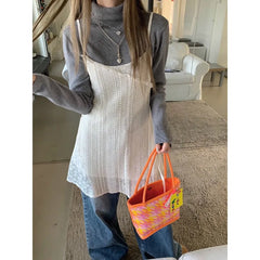 LIZAKOSHT  -  Spring New Korean Hollow Loose Casual Asymmetric Lace Sling Dress Women + Solid Color Long-sleeved T-shirt Two-piece Suit