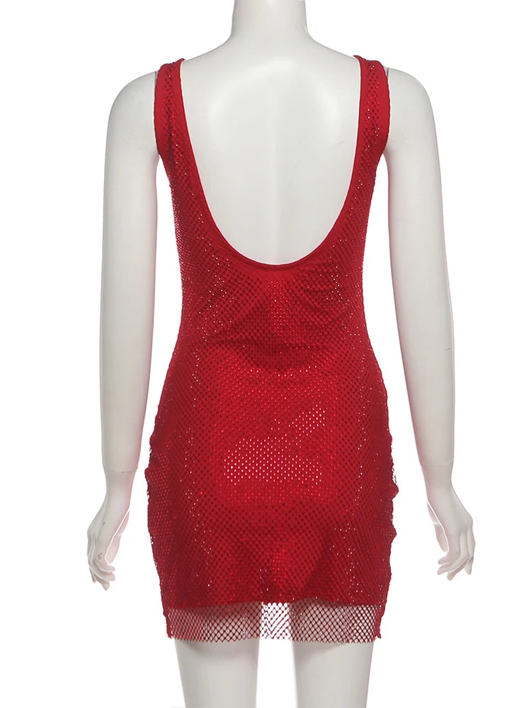 LIZAKOSHT  -  Square Collar Dress Women Sexy Sleeveless Christmas Shiny Thread Patchwork Wild Hottie Party Club Peach Hip Mini Bodycon