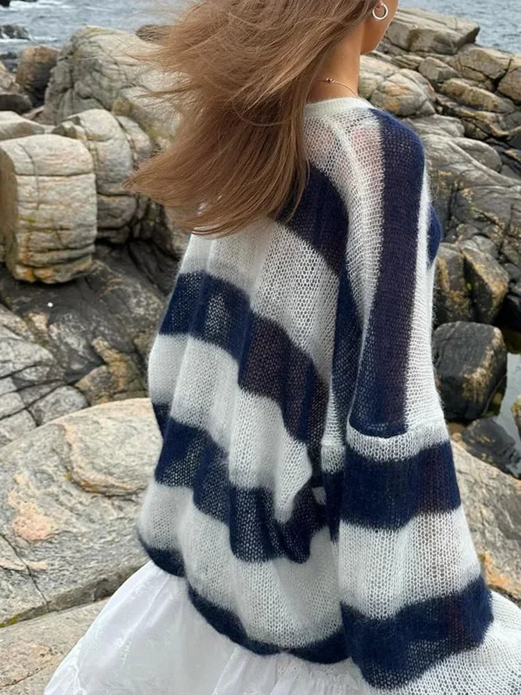 LIZAKOSHT  -  Vintage Contrast Striped Women Knit Cardigan Scarf Casual New Lady Fashion V Neck Lantern Sleeved Sweater Coat Cardigan