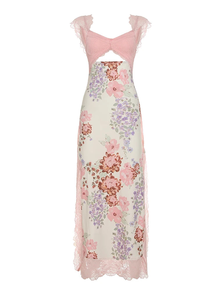 LIZAKOSHT  -  Floral Print Lace Patchwork Dresses Sexy Hollow Out Slits Party Dress Summer Chic Harajuku Vacation Long Outfits