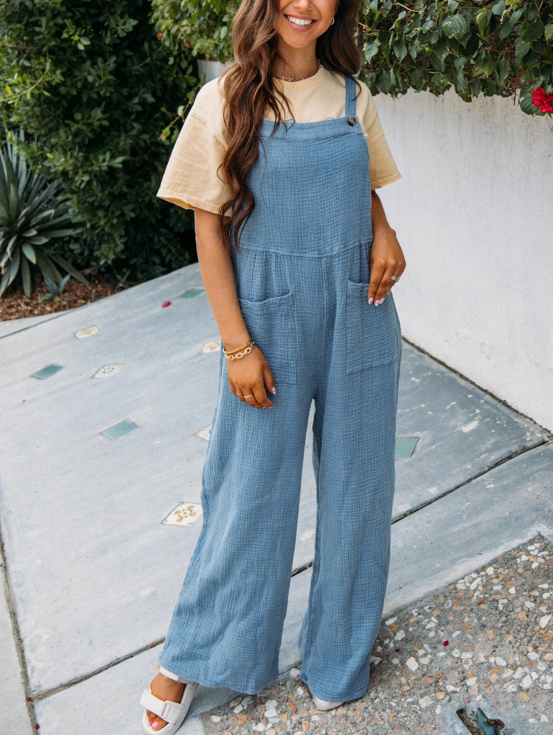 LIZAKOSHT  -  2024 Women's Spring Summer Casual Loose Jumpsuit Cotton Wrinkled Double Patch Wide Leg Pant Vacation Suspenders Trouser