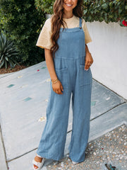 LIZAKOSHT  -  2024 Women's Spring Summer Casual Loose Jumpsuit Cotton Wrinkled Double Patch Wide Leg Pant Vacation Suspenders Trouser