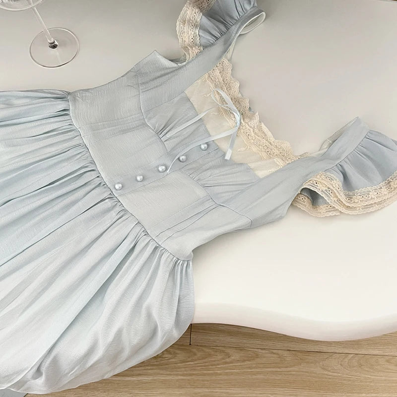 LIZAKOSHT  -  Summer Lace Patchwork Dress Fashion Retro Small Flying Sleeves Dress Women Sleeveless Seaside Holiday Long Dress