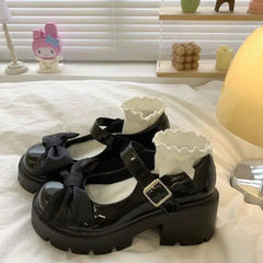 LIZAKOSHT  -  Lolita Thi Heel Little Girl Student oes  Knot PU Lined Faion Single oes round Toe Rubber Outsole Pure Color
