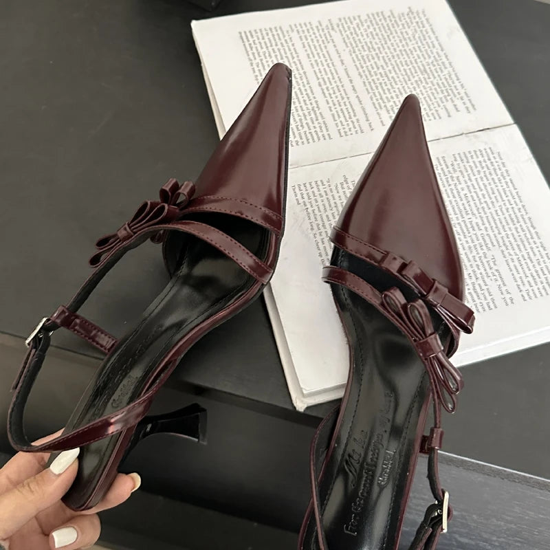 LIZAKOSHT  -  Sexy Pointed Toe Pumps Women Lacquer Leather High Heels Sandals Female Bow Elegant Fashion Slingback Dress Shoes Sandalias Mujer
