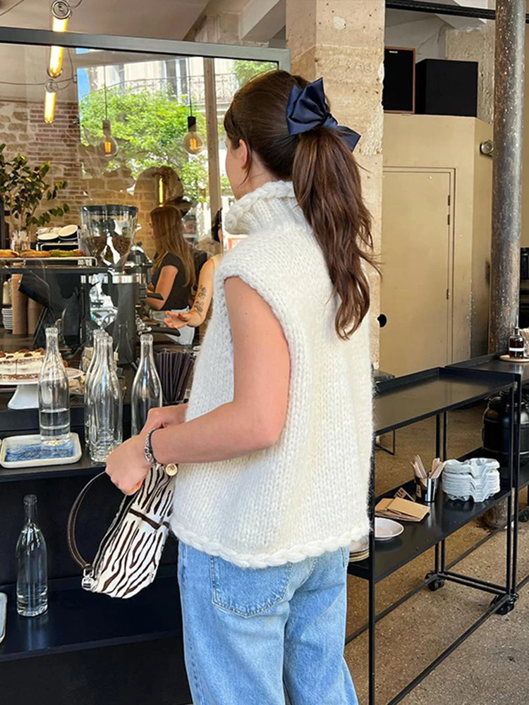 LIZAKOSHT  -  Knitted Solid Color Sleeveless Women's Vest Casual Loose Turtleneck Pullover New Autumn Fashion Classic Grey Women Sweater