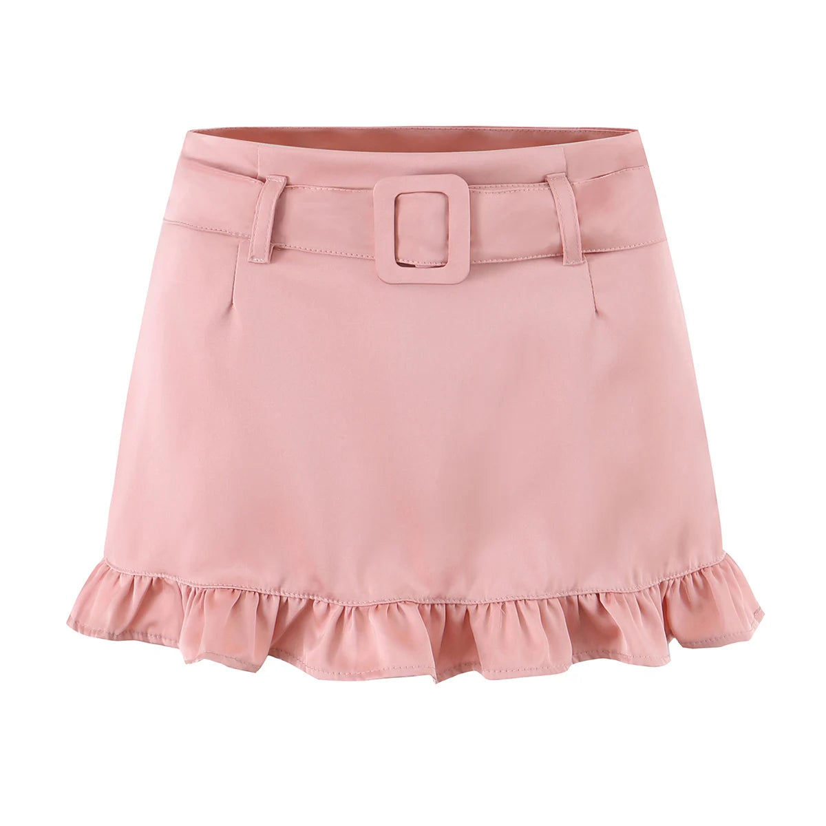 LIZAKOSHT  -  Sexy With Sashes Zipper Waist Satin Skirt With short lining Women Ruffles Hem A-line Package Hips Short Skater Bottom Black Pink