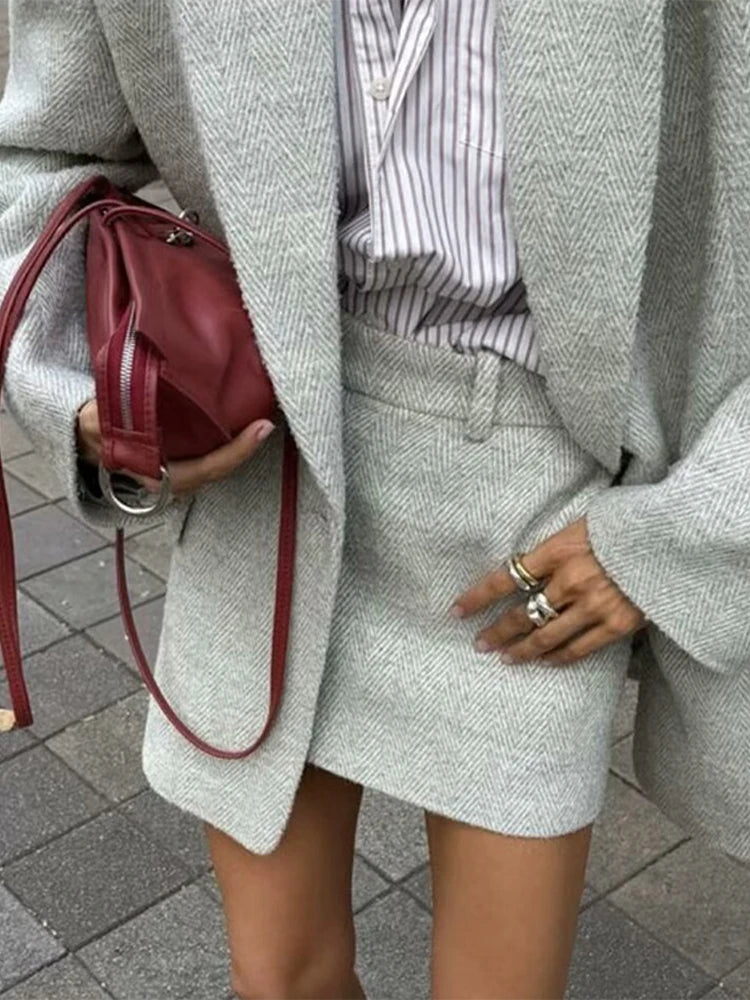 LIZAKOSHT  -  Fashion Classic Grey Women's Jacket Skirt Set Solid Color Turndown Collar Single Breasted Jackets Slim Fit Short Skirts Sets