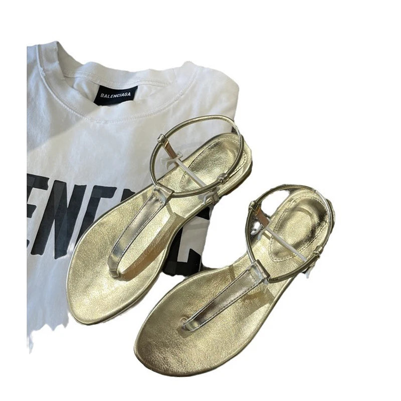 LIZAKOSHT  -  Summer Clip Toe Thong Flipflops Ladies Gold Gladiator Sandals Flats Narrow Band Roman Shoes Female Antiskid Beach Sandalias
