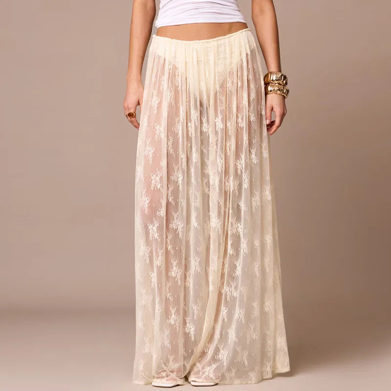 LIZAKOSHT  -  Coquette Grunge Sheer Lace Maxi Skirt Built-in Thongs Design Low Elastic Waist Flowy Skirt Elegant Lady Grunge See-Through Skirt