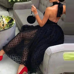 LIZAKOSHT  -  Elegant Female Night Party Hater Long Dress Fashion Polka Dot Slim Transparent Dress Women Sexy Halter Sleeveless A-line Dress