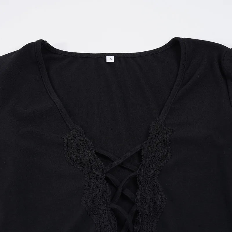 LIZAKOSHT  -  Sexy Deep V-neck Lace Patchwork Black Bodysuit Elegant Women's Style Basic Solid Long Sleeve Tight Fit T-shirt Streetwear